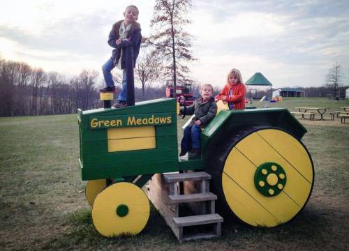 Three children play on a colorful wooden tractor in a grassy park, with trees and a playground in the background.
