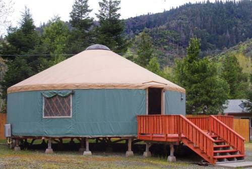 A green yurt with a tan roof and wooden steps, set against a backdrop of trees and mountains.