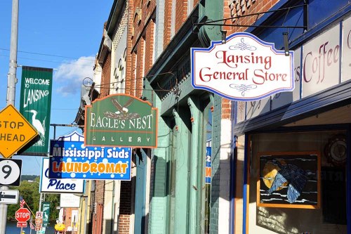 A street view featuring various shop signs, including Lansing General Store and Eagle's Nest Gallery, in a quaint town.