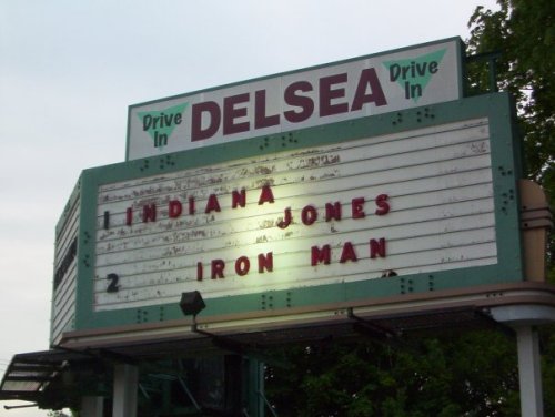 Sign for Delsea Drive-In featuring movie titles: "Indiana Jones" and "Iron Man."