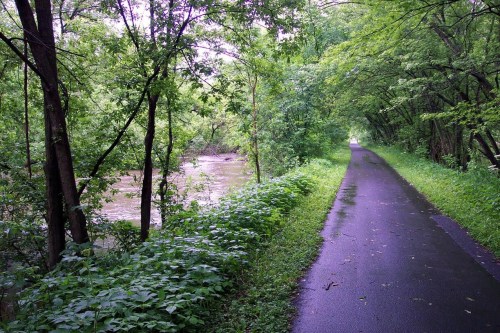 A serene path lined with lush greenery alongside a river, creating a peaceful natural setting.