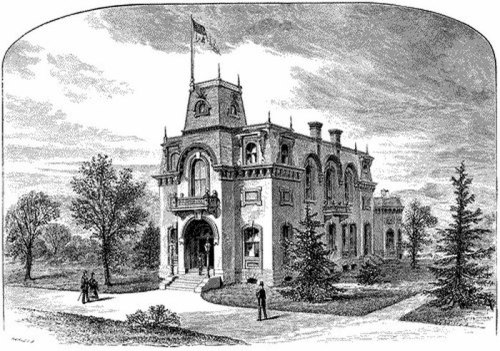 An ornate historic mansion with a flag, surrounded by trees and a pathway, depicted in an engraved style.