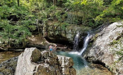 A person wades in a clear pool near a small waterfall, surrounded by lush greenery and rocky terrain.