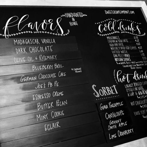A chalkboard menu listing ice cream flavors, cold drinks, hot drinks, and sorbet options in a stylish design.