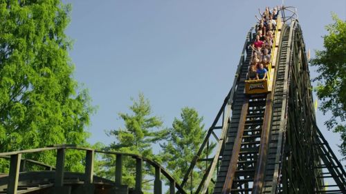 A roller coaster climbs a steep track with excited riders, surrounded by green trees and a clear blue sky.