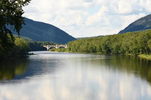 A serene river scene with a bridge in the distance, surrounded by lush greenery and mountains under a cloudy sky.