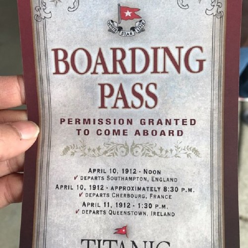 A vintage-style boarding pass for the Titanic, detailing departure dates and locations: Southampton, Cherbourg, and Queenstown.