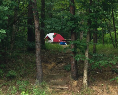A red and white tent nestled among trees in a wooded area, with a path leading up to it.
