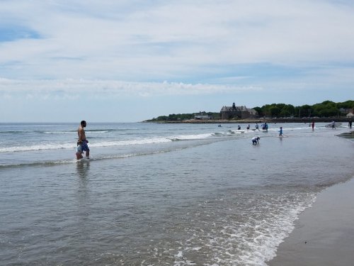 A person wades in shallow water at the beach, with waves gently lapping and a distant building on the shore.