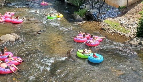 People relaxing on colorful inner tubes in a flowing river, surrounded by rocks and greenery.