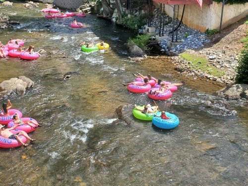 People relaxing on colorful inner tubes in a river, surrounded by rocks and greenery on a sunny day.