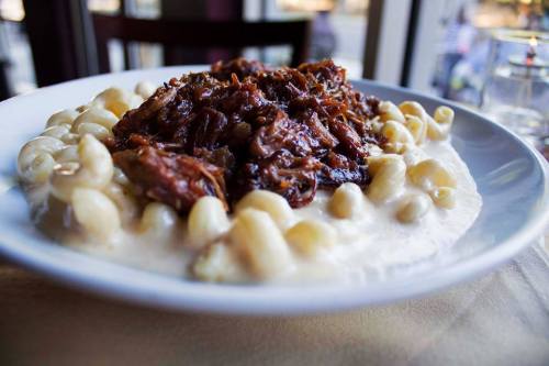 A plate of creamy pasta topped with tender, shredded beef in a rich sauce.