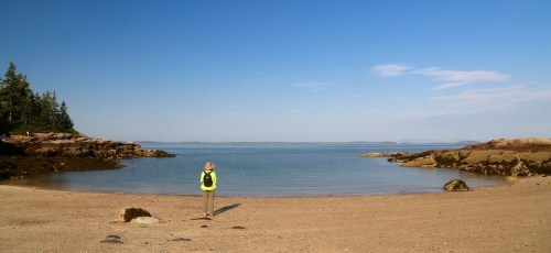 A person stands on a sandy beach by calm waters, surrounded by rocky shores and trees under a clear blue sky.