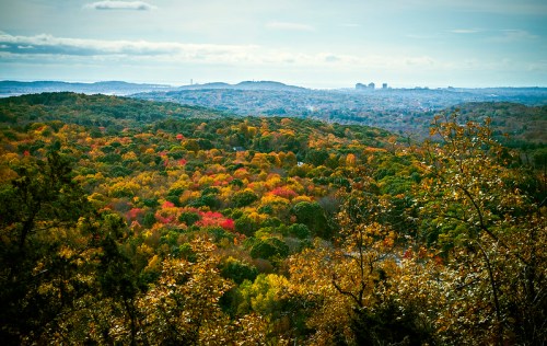A panoramic view of a colorful autumn landscape with rolling hills and a distant city skyline under a cloudy sky.