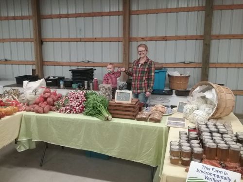 A farmer's market stall with fresh produce, baked goods, and jars of preserves, featuring a smiling vendor and a child.