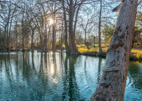 A serene river scene with sun shining through bare trees, reflecting on calm water, and a wooden tree trunk in the foreground.