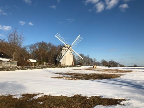 A historic windmill stands on a snowy field under a clear blue sky, surrounded by bare trees.