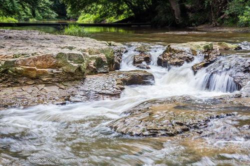 A serene river scene with flowing water over rocks, surrounded by lush greenery and trees.