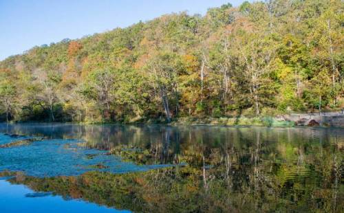 A serene lake reflecting colorful autumn trees and a clear blue sky, surrounded by lush greenery.