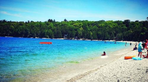 A sunny beach scene with people swimming and relaxing by the water, surrounded by green trees and a clear blue sky.