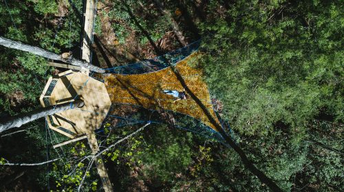 Aerial view of a person lying on a colorful net suspended between trees, with a wooden platform nearby.