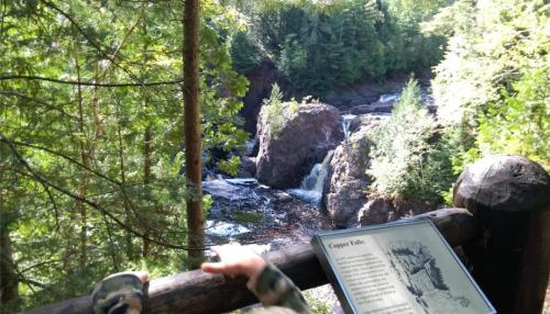 A scenic view of a waterfall surrounded by lush greenery, with a sign in the foreground providing information.