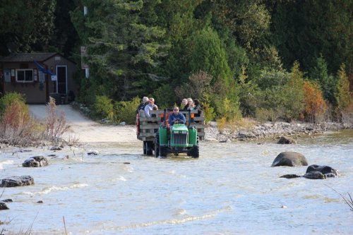 A tractor pulls a wooden cart with passengers across a shallow river, with trees and a cabin in the background.