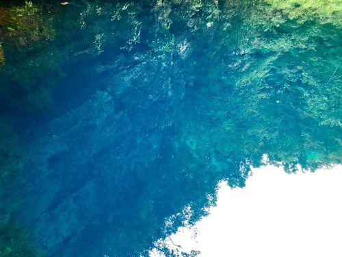 A serene reflection of trees and rocks in clear blue water, creating a tranquil natural scene.