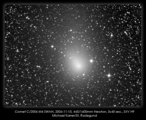 Black and white image of Comet C/2006 M4 SWAN, showing a bright nucleus surrounded by a diffuse halo of stars.