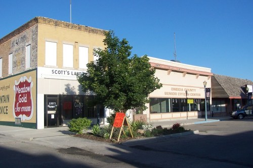 A small town street featuring shops, including Scott's Laundry and the Oneida County Senior Citizen Center, with greenery.