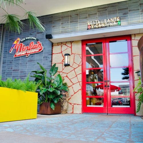 Brightly colored entrance of a restaurant with red doors, tropical plants, and a neon sign reading "Restaurante y Cantina."