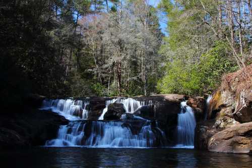 A serene waterfall cascades over rocks, surrounded by lush green trees and a clear blue sky.