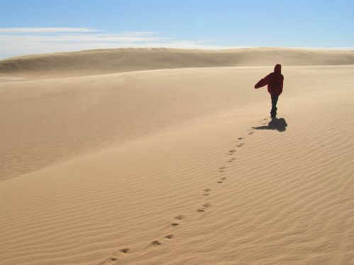 A person in a red jacket walks alone on a vast sandy desert, leaving footprints behind in the smooth sand.