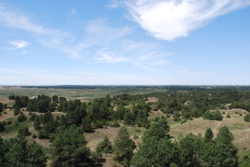 A panoramic view of rolling hills and green trees under a blue sky with wispy clouds.