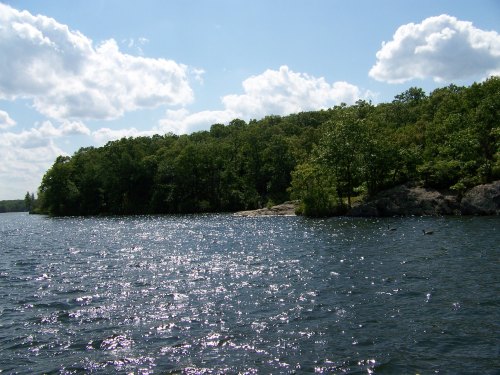 A serene lake surrounded by lush green trees under a bright blue sky with fluffy clouds. Sunlight sparkles on the water.