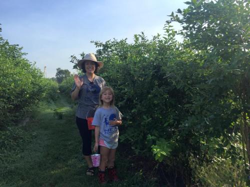 A woman and a young girl smile and wave while standing among green bushes in a sunny field.