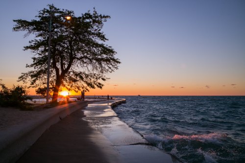 A serene lakeside scene at sunset, featuring a tree, walkway, and gentle waves under a colorful sky.