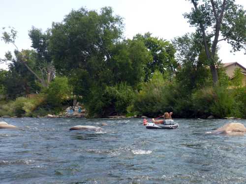 A person floats on a small raft in a river surrounded by trees and rocks on a sunny day.