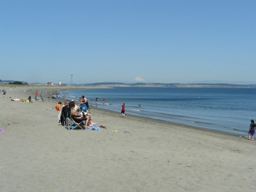 A sunny beach scene with people relaxing on the sand, playing in the water, and a clear blue sky in the background.