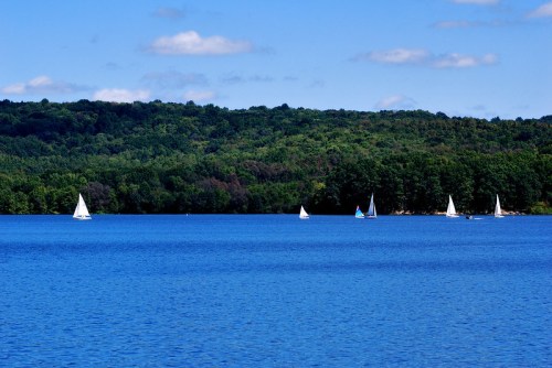 Sailboats glide across a serene blue lake, surrounded by lush green hills under a clear blue sky.