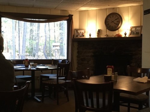 Cozy restaurant interior with wooden tables, a stone fireplace, and a large window overlooking a forested area.