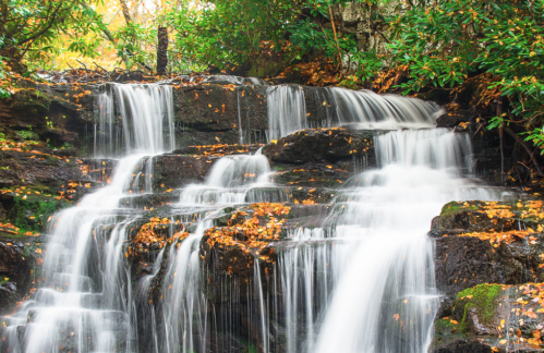 A serene waterfall cascading over rocks, surrounded by vibrant autumn foliage.