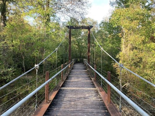 A wooden suspension bridge surrounded by lush green trees, leading into a serene natural setting.