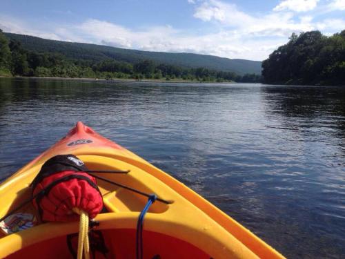 A view from a kayak on calm water, surrounded by green hills and a clear blue sky.