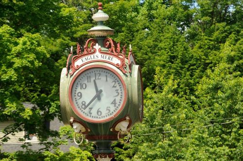 A vintage clock with ornate details, displaying the time, surrounded by lush green trees.