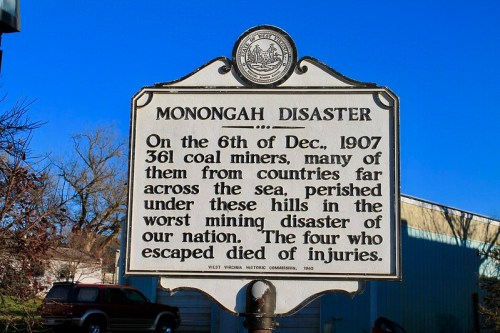 Historical sign commemorating the Monongah Disaster, detailing the 1907 coal mining tragedy that claimed 361 lives.