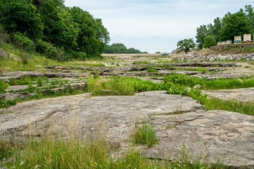 A dry riverbed with exposed rocks and sparse vegetation, surrounded by trees and a distant construction site.