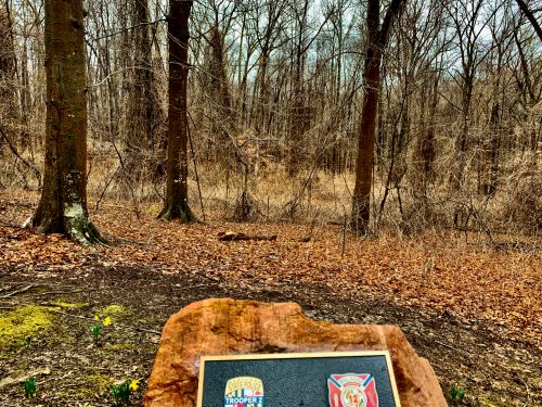 A plaque on a wooden base in a wooded area with bare trees and fallen leaves in the background.