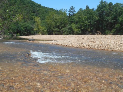 A clear river flows over pebbles, surrounded by lush green trees and a rocky shoreline under a bright blue sky.