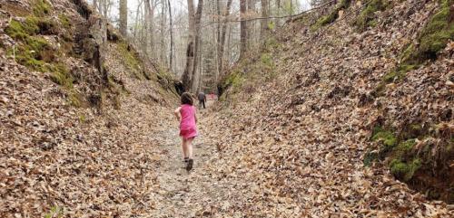 A child in a pink dress runs along a leaf-covered trail in a wooded area, with trees lining the path.